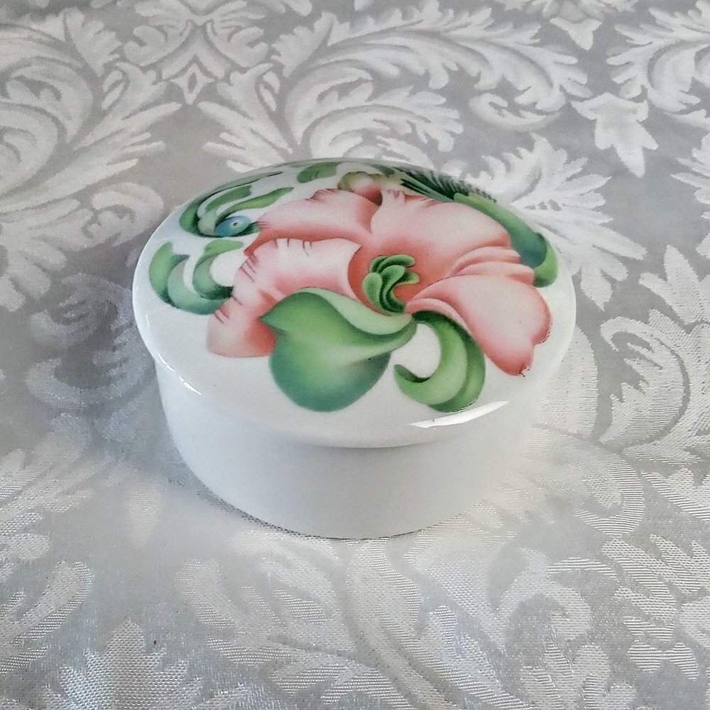 Limoges Pink Green Floral Porcelain Trinket Box